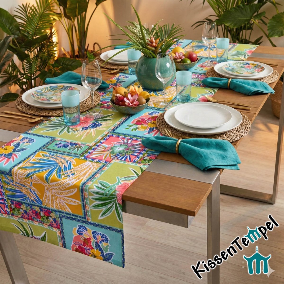 Tropischer Tischläufer „Hawaii“ doppellagig, mit exotischen Blumen und Pflanzen in raffiniertem Patchwork-Design