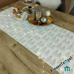 Weihnachts-TischLäufer / MittelDecke „Christmas Tree“ doppellagig ! goldglitzernde WeihnachtsBäume auf wollweißem Fonds