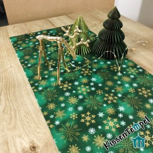 Weihnachts-TischLäufer / MittelDecke „Green Christmas“ doppellagig ! Goldene und weiße Schneeflocken auf grünem Hintergrund